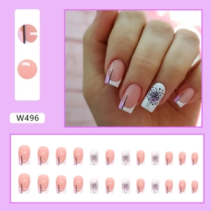 Lavender French press-on nails with dandelion floral art and square shape for women
