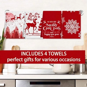 Detailed view of 4-pack Christmas microfiber kitchen towels hanging on a modern rack