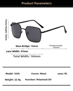 Technical drawing of black polarized sunglasses showing exact dimensions and frame weight