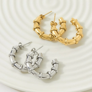 C Shaped Hoop Earrings Stainless Steel Ribbed Bamboo Texture Polished Chunky Fashion Accessory For Women