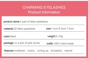 Detailed chart showing specs of handmade 3D multilayer false eyelashes in a pink box