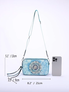 Blue mandala printed crossbody bag dimensions 8.2x5.1x3.5 inches shown with smartphone