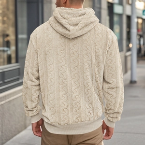 Rear view of beige men hoodie featuring textured jacquard cable knit pattern and large hood