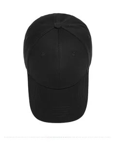 Top view of classic black cotton baseball cap showing six-panel crown and curved brim