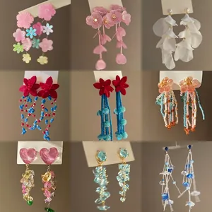 Flower Tassel Drop Earrings With 925 Sterling Silver Earring Post Resin Fabric Petal Bead Dangle Fashion Jewelry For Women