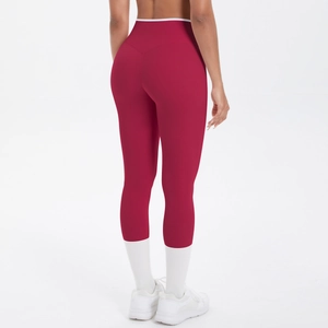 Vue arrière du legging de yoga bordeaux taille haute avec bordure blanche et gainant