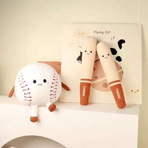 Cute anthropomorphic baseball plush toy set with smiling baseball bat dolls on white stand
