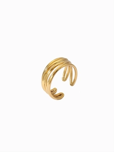 Detailed view of polished 18k gold plated minimalist four-layer parallel band open ring