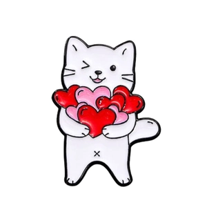 Cute white cat enamel pin featuring pink hearts and creative cartoon kitty design