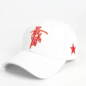 Detailed embroidery of red Chinese characters and a five-pointed star on a white cap