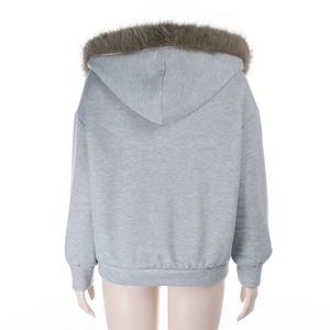 Vue arrière d'un sweat à capuche gris doublé polaire avec col en fausse fourrure