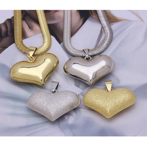 18k gold and silver snake chain necklaces with polished and frosted heart pendants