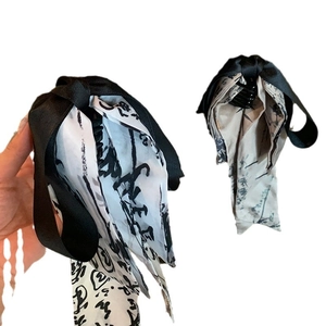 New Chinese style large bow hair claw clip with black ink calligraphy and satin ribbon