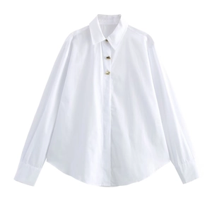 Women Long Sleeve White Poplin Shirt Irregular Golden Metal Buttons Turn Down Collar Loose Office Commuter Blouse Elegant Top