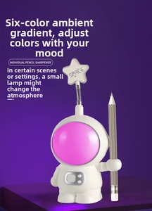 Detail of cartoon astronaut desk lamp showing six-color gradient LED light and pencil sharpener