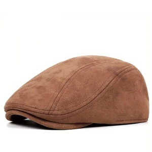 Classic brown faux suede newsboy flat cap for men and women with retro stitching details