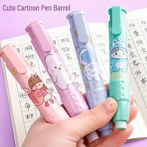 Retractable cartoon erasers in four colors shown with a practice notebook on purple background