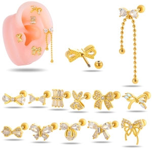 Bowknot Design Piercing Cartilage Earring Copper Cubic Zirconia Stainless Steel Post Fashion Jewelry