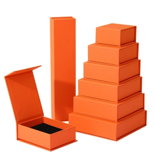 Premium orange magnetic flap jewelry gift box set with elegant black velvet lining