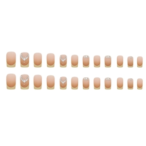 Long square yellow French gradient press-on nails with V-shaped rhinestones and matte finish