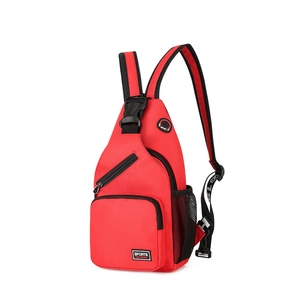 Detail view of red oxford fabric chest bag with multi-pocket storage and durable zippers