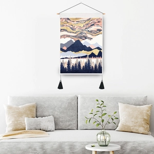 Nordic abstract landscape tapestry with blue and gold scenery and decorative tassels