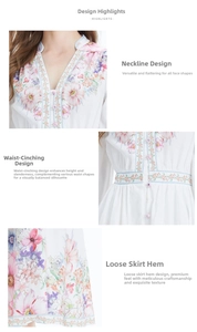 Detailed views of floral embroidery on V-neckline, waist tie, and printed linen skirt hem