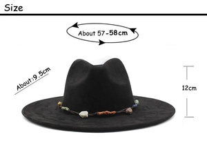 Size specifications for black wide brim fedora hat with bohemian beaded band detail