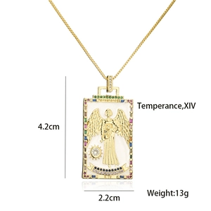 Detailed view of 18K gold plated Temperance tarot necklace with zirconia and dimensions