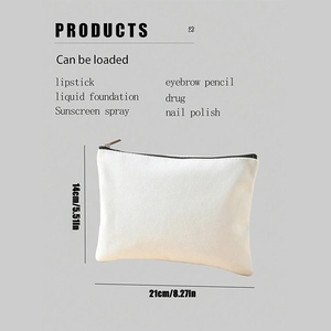 Detail showing 21x14cm dimensions of a white canvas storage pouch with a secure zipper