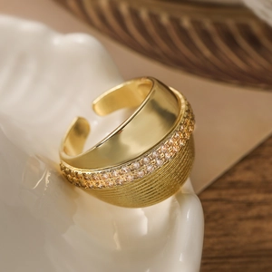 Retro 18K gold plated wide open ring with sparkling pavé cubic zirconia for women