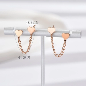 Detailed size view of rose gold heart earrings showing 4.3cm chain and 0.6cm heart width