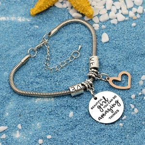 Silver snake chain bracelet with heart charm and inspirational engraved disc for women