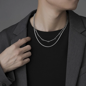 Double-layered silver titanium steel necklace for men with minimalist bamboo joint link design