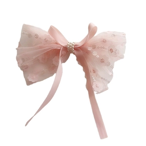 Sweet pink floral lace bow hair clip for girls with elegant pearls and long ribbon streamers