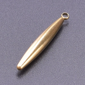 Macro shot of long teardrop 18k gold plated 304 stainless steel pendant with brushed texture
