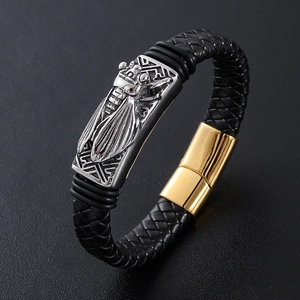 Men's black leather bracelet with silver cicada relief and gold magnetic buckle