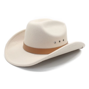 Beige wool felt western cowboy hat with brown leather band and silver eyelets