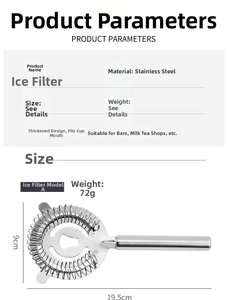 Detailed specs of the stainless steel cocktail strainer with dimensions and spring coil