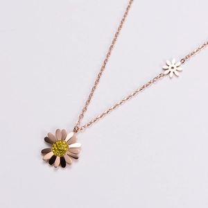 Elegant rose gold daisy necklace with yellow crystal center and polished titanium steel