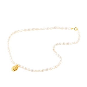 French vintage rose gold coin necklace with natural pearls and flower relief pendant