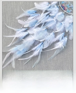 Detailed macro view of blue gradient feathers and beads on dream catcher wall decor