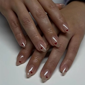 Almond Shape Press On Nails Gradient Pink With Red Heart Pattern Sweet Artificial False Nails For Women Manicure