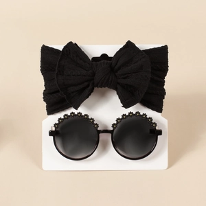 Details zu Baby Stirnband mit schwarzer Schleife und floraler runder Sonnenbrille