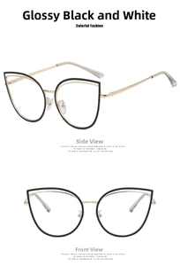 Detailed views of cat eye glasses frames in black and gold metal from various angles
