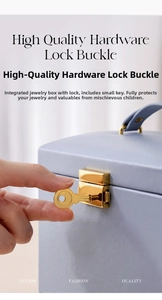 Detailed macro view of the gold metal lock and key on the blue leather jewelry box