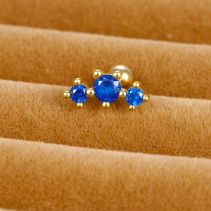 Blue zircon flower crown cartilage stud with gold-plated stainless steel screw ball back