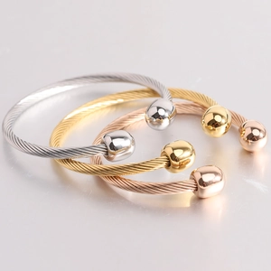 Minimalist Stainless Steel Cuff Bracelet Vintage Twisted Cable Wire Open Bangle High Polished Round Ball End Jewelry
