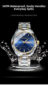 Close-up of 3ATM waterproof quartz watch with blue dial and splashes of water