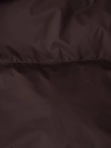 Close-up of dark brown fabric texture and stitching detail on the hooded cotton jacket